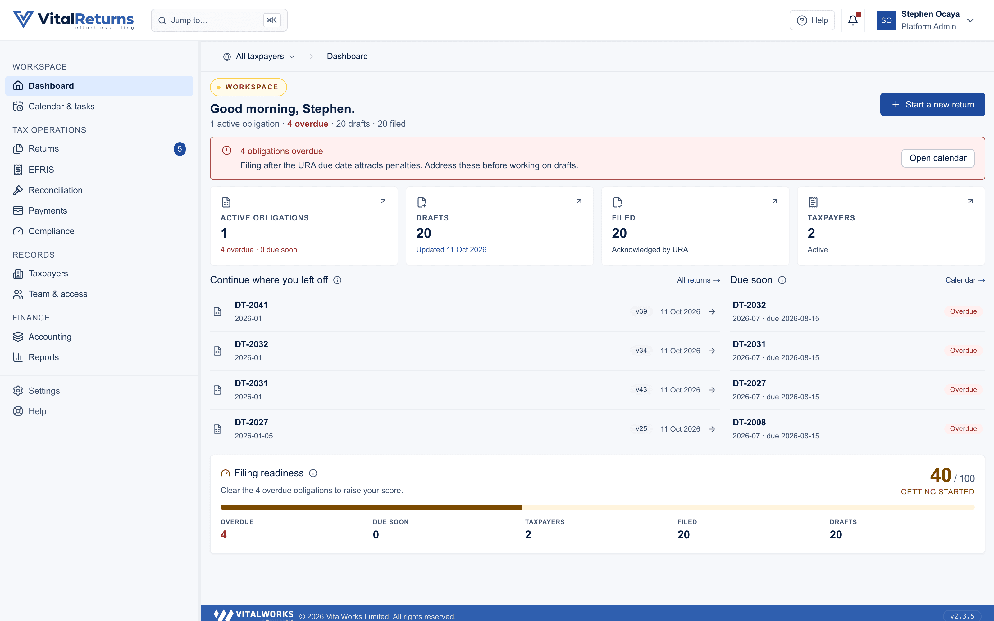 VitalReturns dashboard