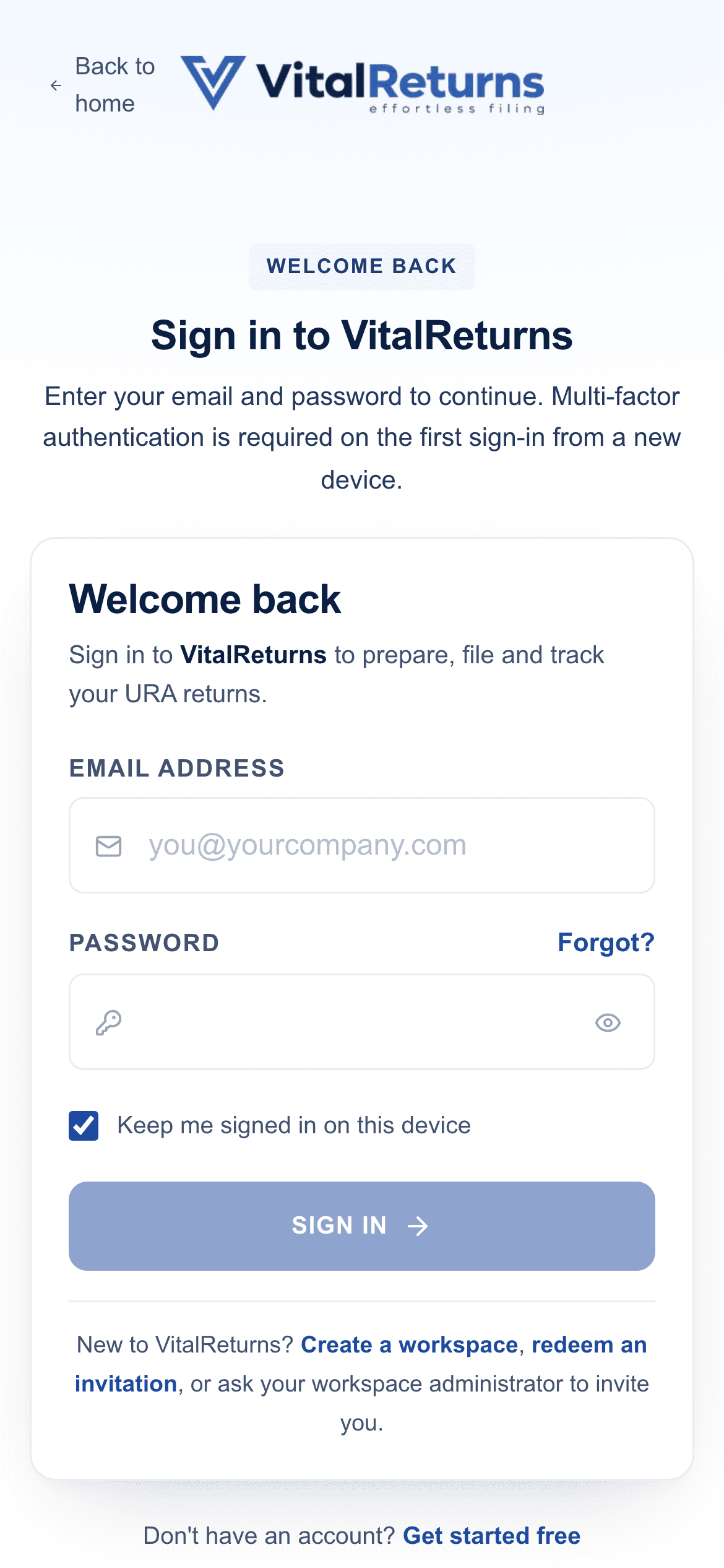 VitalReturns login on mobile